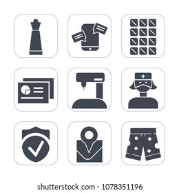 Premium fill icons set on white background . Such as dessert, report, care, sewing, health, game, location, wear, dark, nurse, white, piece, candy, bar, chess, sign, document, check, machine, knight