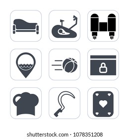 Premium fill icons set on white background . Such as lock, tool, website, hat, gardening, spaceship, location, food, business, game, wheel, room, rocket, leisure, ship, fitness, bicycle, young, web