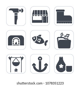 Premium fill icons set on white background . Such as hammer, campfire, fish, market, music, store, foot, customer, warm, christmas, commerce, hot, saw, fireplace, marine, japan, fire, supermarket, buy