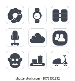 Premium fill icons set on white background . Such as social, muffin, business, luggage, touch, people, sweet, bag, fiction, gadget, chocolate, bakery, office, smart, bike, team, oxygen, technology