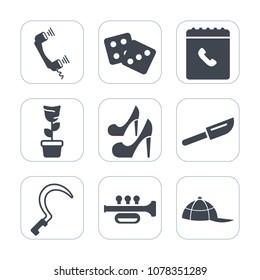 Premium fill icons set on white background . Such as garden, sickle, dice, gambling, casino, gardening, plant, win, cutlery, sign, luck, green, music, female, girl, tool, chance, high, agriculture