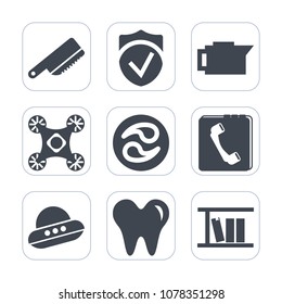 Premium fill icons set on white background . Such as kamon, cutlery, espresso, control, spoon, table, caffeine, camera, cup, secure, spacecraft, drone, sign, japan, phone, security, technology, space