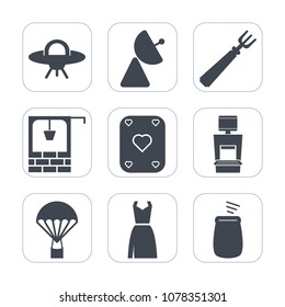 Premium fill icons set on white background . Such as alien, fashion, xray, old, radio, knife, meal, play, parachuting, music, machine, sky, spoon, well, wooden, space, scan, science, water, bucket