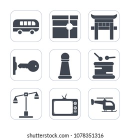 Premium fill icons set on white background . Such as balance, screen, technology, sign, asia, road, musical, strategy, transportation, torii, justice, king, chess, law, house, japanese, security, gift