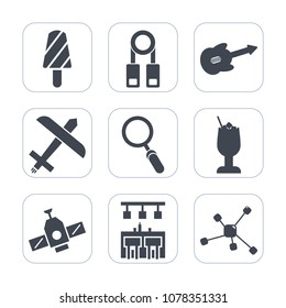 Premium fill icons set on white background . Such as stick, air, dessert, electric, seminar, popsicle, travel, bar, plane, flight, atom, chemistry, orbit, sound, transportation, frozen, aircraft, cold