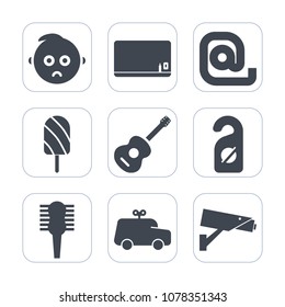 Premium fill icons set on white background . Such as guitar, label, communication, ice, kid, brush, security, sad, car, dessert, play, infant, mail, toy, child, school, surveillance, privacy, empty