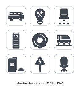Premium fill icons set on white background . Such as armchair, brochure, transportation, web, bakery, seat, paper, speed, style, chair, travel, book, calendar, restaurant, sweet, interior, muffin, van