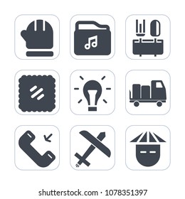 Premium fill icons set on white background . Such as document, web, winter, truck, spoon, chinese, video, aircraft, hat, delivery, post, button, clothing, letter, idea, dinner, travel, light, call