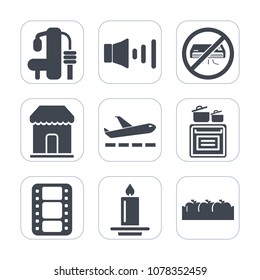 Premium fill icons set on white background . Such as sport, movie, conditioner, fire, film, volume, food, departure, fruit, machine, flight, sale, travel, flame, cooking, gym, box, retail, sound, shop