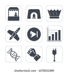 Premium fill icons set on white background . Such as data, spaceship, hand, grocery, room, queen, people, technology, king, warm, luxury, holiday, video, alcohol, royal, space, cart, market, ice, dna