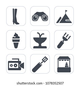 Premium fill icons set on white background . Such as white, mountain, cooking, tool, summer, sweet, supermarket, strawberry, fork, rock, camera, water, handle, fashion, zoom, video, binocular, vanilla
