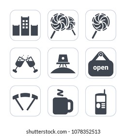 Premium fill icons set on white background . Such as lollipop, white, shop, science, dessert, parachute, extreme, vintage, telephone, parachuting, bar, store, space, sign, wine, service, cell, phone