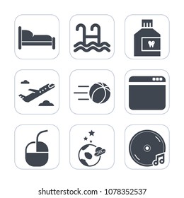 Premium fill icons set on white background . Such as airplane, care, website, game, music, browser, soccer, exploration, room, web, mouse, computer, ball, astronaut, flight, science, sport, house, bed