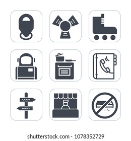 Premium fill icons set on white background . Such as skate, sign, travel, cooking, modern, space, science, kitchen, grocery, shoe, marker, way, cosmos, boot, equipment, water, roller, supermarket, air