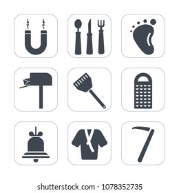 Premium fill icons set on white background . Such as mailbox, box, fork, post, grater, sign, communication, fashion, spanner, cheese, foot, alert, baby, notification, spoon, cute, restaurant, magnet