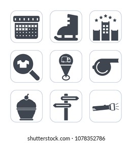 Premium fill icons set on white background . Such as lifestyle, pie, banner, whistle, ice, sweet, equipment, date, map, woman, referee, dessert, sport, timetable, object, store, service, casual, sign