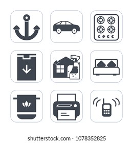 Premium fill icons set on white background . Such as spray, sign, cleaner, web, arrow, print, cook, car, anchor, oven, equipment, bed, gas, furniture, ringing, transportation, cloth, double, printer