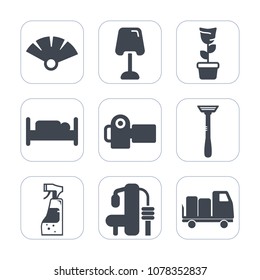 Premium fill icons set on white background . Such as modern, room, japan, photo, bottle, double, furniture, exercise, camera, traditional, table, plant, white, truck, equipment, lamp, paper, green