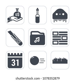 Premium fill icons set on white background . Such as newspaper, cutter, currency, day, timetable, healthy, music, finance, file, fun, sack, dental, apple, monster, schedule, calendar, wealth, news