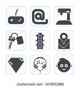 Premium fill icons set on white background . Such as button, email, auto, mail, baby, key, child, message, gem, joystick, controller, tailor, web, letter, technology, safety, music, automobile, light
