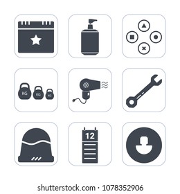 Premium fill icons set on white background . Such as decoration, agenda, spanner, play, tool, hairdryer, liquid, hammer, cap, hygiene, bath, clothing, avatar, human, celebration, business, party, sign