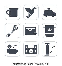 Premium fill icons set on white background . Such as bird, soft, bag, paper, spanner, origami, technology, tool, home, bathroom, toy, cotton, game, car, play, geometric, water, baby, child, art, kid, 