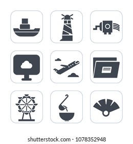 Premium fill icons set on white background . Such as shipping, japanese, sensu, fan, document, carousel, marine, wheel, light, ocean, cooking, tower, transportation, london, nautical, house, cloud