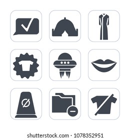 Premium fill icons set on white background . Such as summer, talk, outdoor, landscape, teeth, chat, adventure, dress, message, sign, technology, lips, tourism, camp, traffic, girl, data, shirt, ufo