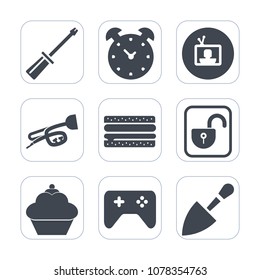 Premium fill icons set on white background . Such as hardware, shovel, protection, lock, tool, burger, snack, game, work, music, television, open, timer, screw, food, repair, technology, tv, clock