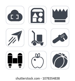 Premium fill icons set on white background . Such as package, royal, crown, fruit, warehouse, rocket, car, space, food, paper, game, jewelry, cargo, queen, hammer, bear, travel, teddy, fly, internet
