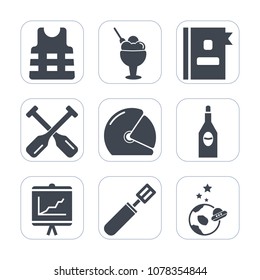 Premium fill icons set on white background . Such as motorcycle, astronaut, rescue, spaceship, alcohol, canoe, space, water, telephone, science, summer, cooking, report, annual, oar, document, rider