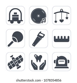 Premium fill icons set on white background . Such as mobile, toy, space, construction, cart, sound, note, astronaut, bellboy, music, saw, trolley, tennis, health, work, helmet, album, audio, white