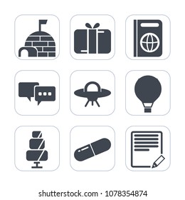 Premium fill icons set on white background . Such as medicine, celebration, box, igloo, bubble, arctic, sign, holiday, ice, text, north, snow, gift, shelter, sky, talk, cake, parachute, pill, doughnut