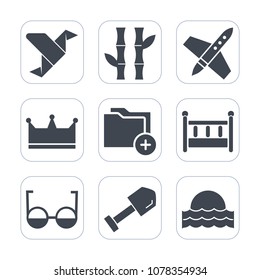 Premium fill icons set on white background . Such as spaceship, creative, folder, craft, paper, sunrise, file, sun, bed, asian, bird, chinese, document, cradle, sunset, asia, bamboo, ship, data, baby