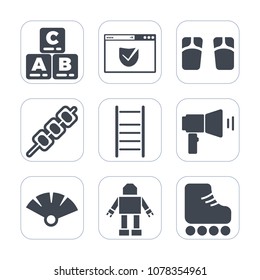 Premium fill icons set on white background . Such as childhood, flip, security, fashion, web, summer, sport, business, traditional, robot, game, skating, baby, communication, flop, sign, lock, machine