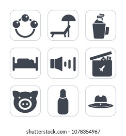 Premium fill icons set on white background . Such as speaker, play, rattle, sport, ball, swine, sound, hot, toy, volume, kid, pork, holiday, sea, west, piglet, newborn, bowling, cup, drink, sunbed