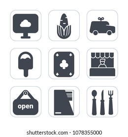 Premium fill icons set on white background . Such as dessert, icecream, spoon, fun, food, play, file, cream, organic, poker, corn, shop, diet, document, ice, paper, nutrition, vegetable, store, kid