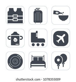 Premium fill icons set on white background . Such as food, protective, travel, wear, celebration, bottle, restaurant, decoration, nutrition, milk, suitcase, car, baggage, jacket, gourmet, bag, wheel