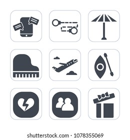 Premium fill icons set on white background . Such as traditional, phone, asian, business, chain, river, present, flight, internet, heart, mobile, kayak, broken, airplane, travel, activity, web, music