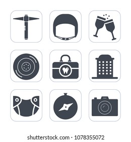 Premium fill icons set on white background . Such as wine, restaurant, worker, construction, brush, compass, technology, safety, map, belt, diaper, house, car, work, health, photo, clean, industrial