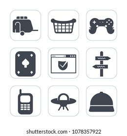 Premium fill icons set on white background . Such as internet, technology, transport, store, alien, space, direction, food, business, van, object, telephone, play, market, game, security, hat, basket