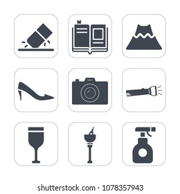 Premium fill icons set on white background . Such as nature, library, ice, textbook, red, photography, photo, drawing, shoe, erase, rubber, business, knowledge, bucket, white, page, crater, eruption