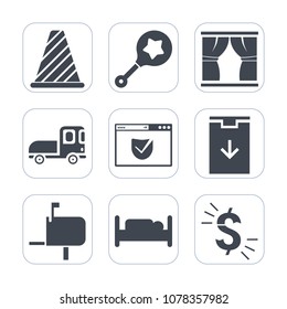 Premium fill icons set on white background . Such as street, vehicle, transportation, usd, childhood, delivery, house, white, mailbox, dollar, baby, transport, shipping, play, child, home, kid, sign