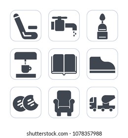 Premium fill icons set on white background . Such as sweet, library, cookie, cement, competitive, literature, machine, liquid, doughnut, champion, championship, water, team, mixer, snack, faucet, book