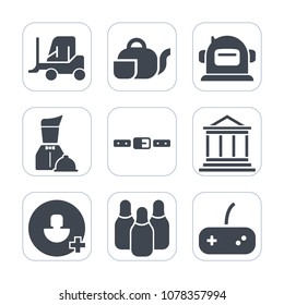 Premium fill icons set on white background . Such as astronaut, add, money, banking, car, asian, cosmos, joystick, cup, belt, truck, drink, game, vehicle, beverage, teapot, delivery, bank, restaurant