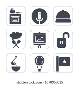 Premium fill icons set on white background . Such as document, annual, cap, oven, kitchen, national, record, restaurant, food, report, dinner, nation, chief, sound, meal, sign, sky, chart, soup, music