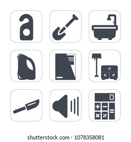 Premium fill icons set on white background . Such as dinner, room, sound, document, fork, garbage, drill, cutlery, container, knife, screwdriver, quiet, privacy, finance, bathroom, paper, can, up, bed