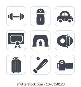 Premium fill icons set on white background . Such as ball, award, seasoning, pepper, automobile, fire, vehicle, weight, kitchen, ingredient, bag, sport, home, automotive, drive, fireplace, salt, gym