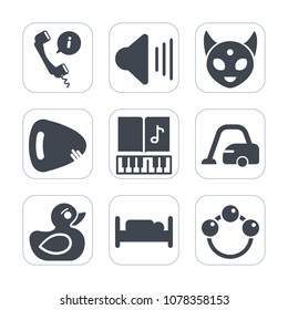 Premium fill icons set on white background . Such as phone, baby, fiction, bedroom, bed, character, sign, musical, science, cleaner, child, sound, note, infant, call, furniture, alien, instrument, toy