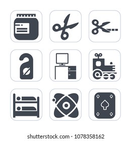 Premium fill icons set on white background . Such as game, universe, cosmos, train, container, paper, travel, toy, glass, tool, door, vehicle, kid, work, desk, astronomy, hotel, jam, sign, business